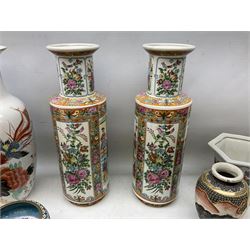 Oriental baluster vase decorated with peonies and birds in flight, together pair of ceramic candlesticks in the form of 'the imperial dragon of heaven and earth', and other oriental items  