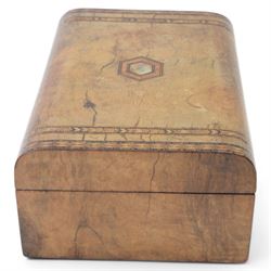 Victorian writing slope, with Turnbridge-ware styled Inlaid borders to the front and lid, opening to reveal and ebonised interior with letter rack, removable tray and writing slope and two further wooden boxes