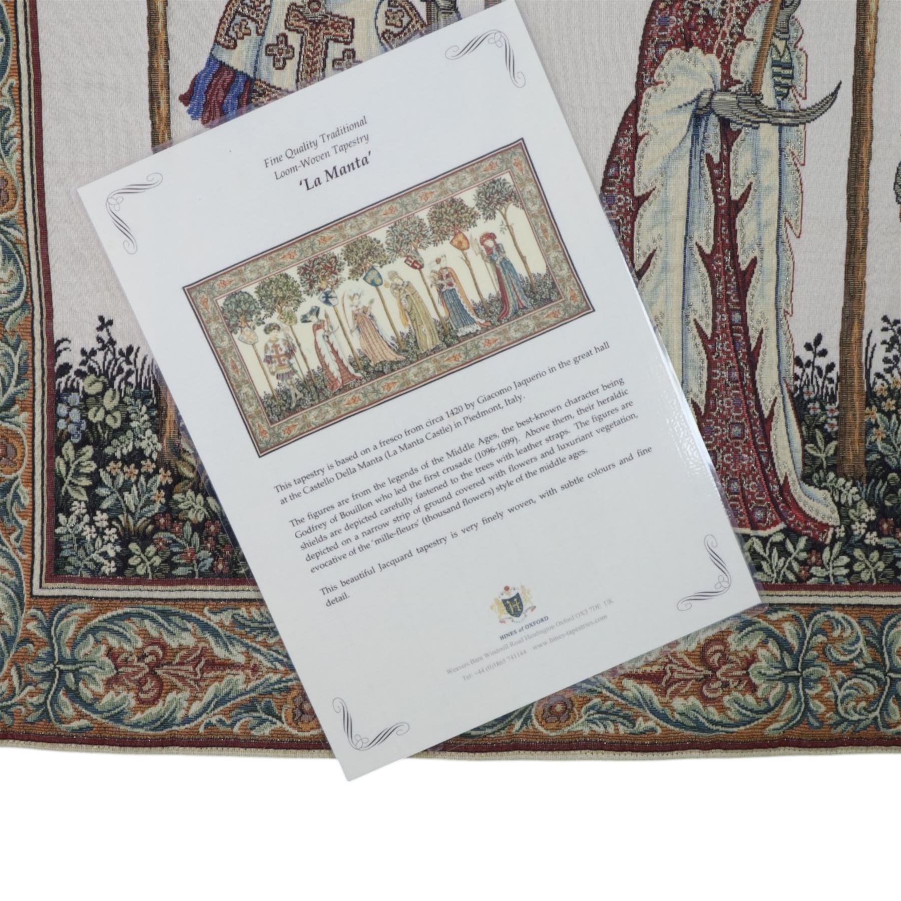 La Manta tapestry wall hanging, by Hines of Oxford, after teh 1420 fresco by Giacomo Jaquerio in the great hall at Casello Della Manta, H65cm, L130cm