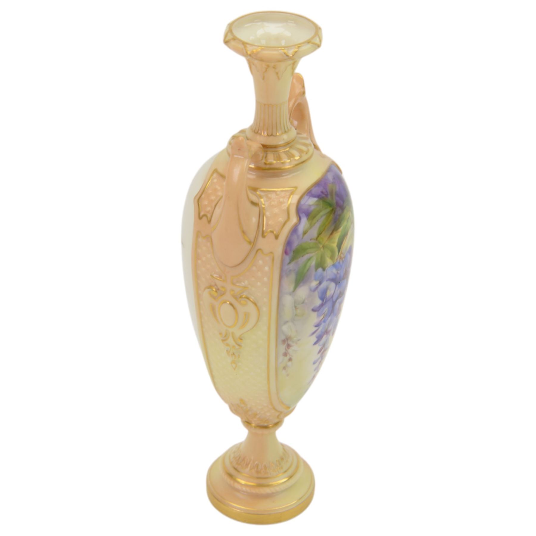20th century Royal Worcester twin handled pedestal vase, the panels decorated with wisteria and signed Cole, with puce printed mark beneath, H27cm