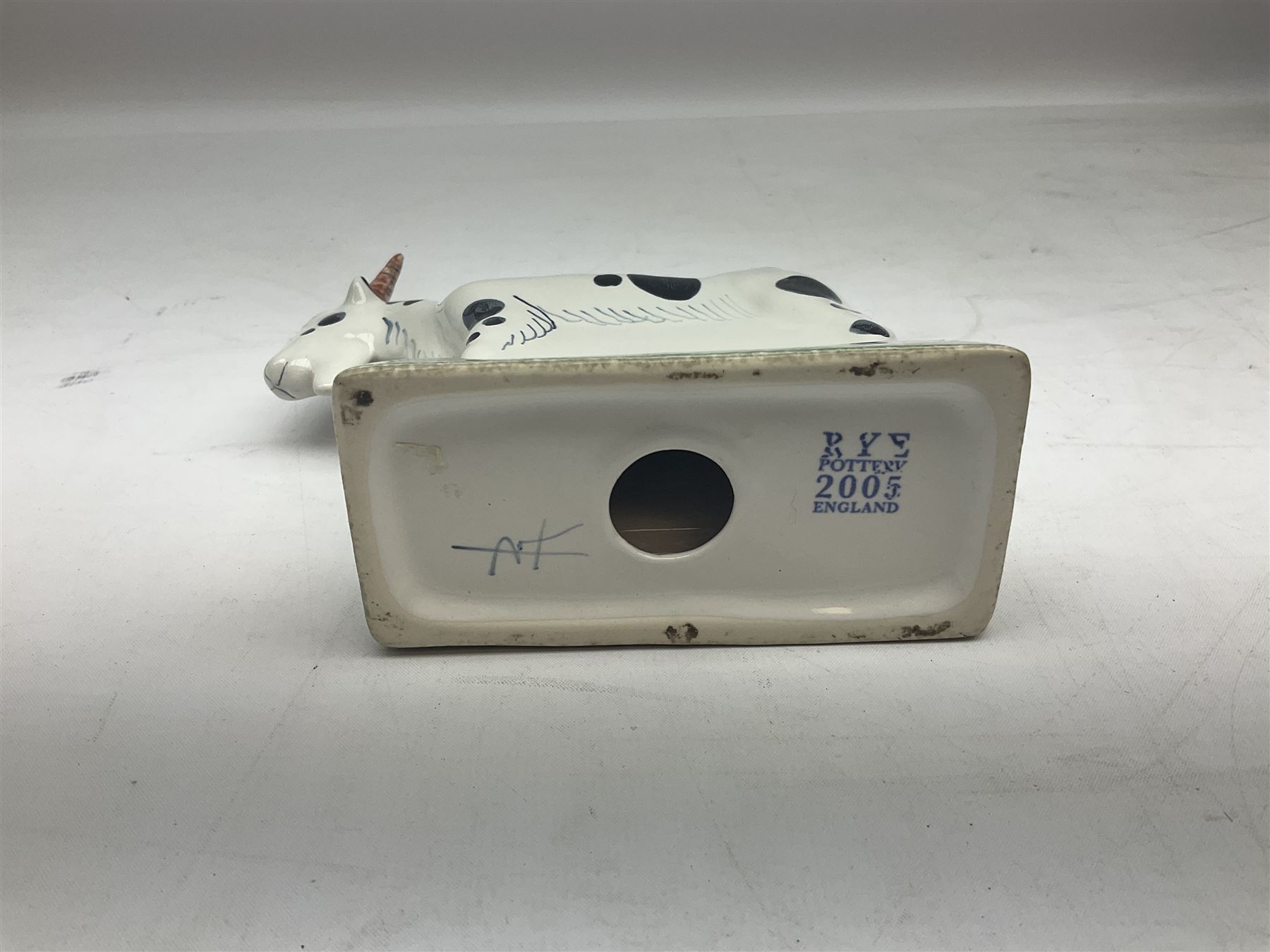 Six Rye Pottery figures, comprising, jumping fox, squirrel upon a branch, billy goat, bull, chicken and cockerel  