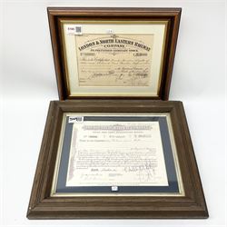 Two framed and glazed railway stock certificates, one detailed The Southern Railway Company, the other London & North Easter Railway Company 