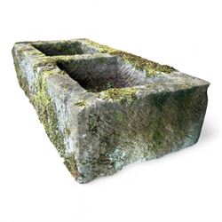 19th century weathered hewn stone double trough rectangular form with two divisions