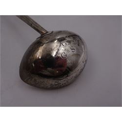 George II silver toddy ladle, the silver bowl of oval form, with engraved initials to underside, hallmarked London 1741, maker's mark indistinct, with turned wooden handle, L33cm