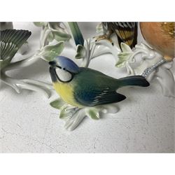 Seven Karl Ens bird figures, including barn owl, eagle owl, blue tit, budgerigar etc, all with mark beneath, tallest H17cm 