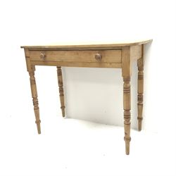 19th century solid pine side table, two drawers, turned supports, W90cm, H73cm, D45cm
