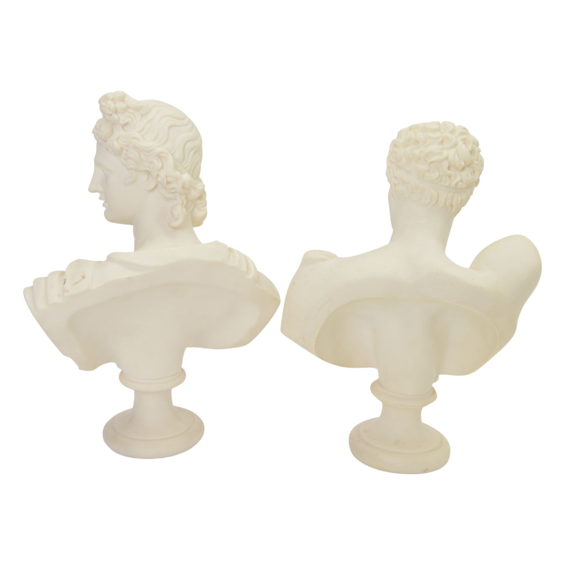 Two composite busts, the first example Apollo Belvedere, signed Diogenes, the second bust of Hermes, signed Pegasus, H32cm