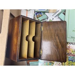 Floral tapestry in a mahogany frame, large collection of cigarette cards, framed tapestry, small microscope and a wooden correspondence box, frame H66cm