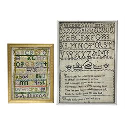 18th century alphabet cross stitch sampler, together with a later alphabet sampler, largest H31cm, W22cm
