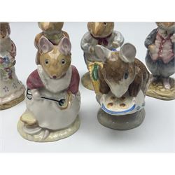 Five Royal Doulton Beatrix Potter figures, comprising Poppy Eyebright, Clover, Lord Woodmouse, Mr Apple and Dusty Dogwood, together with Beswick Appley Dapply figure and three Crummles Beatrix Potter enamel pill boxes