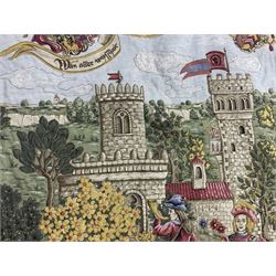 Medieval style German tapestry wall hanging suspended from carved oak pole depicting fairy-tale Rapunzel scene, H126cm W160cm approx 
