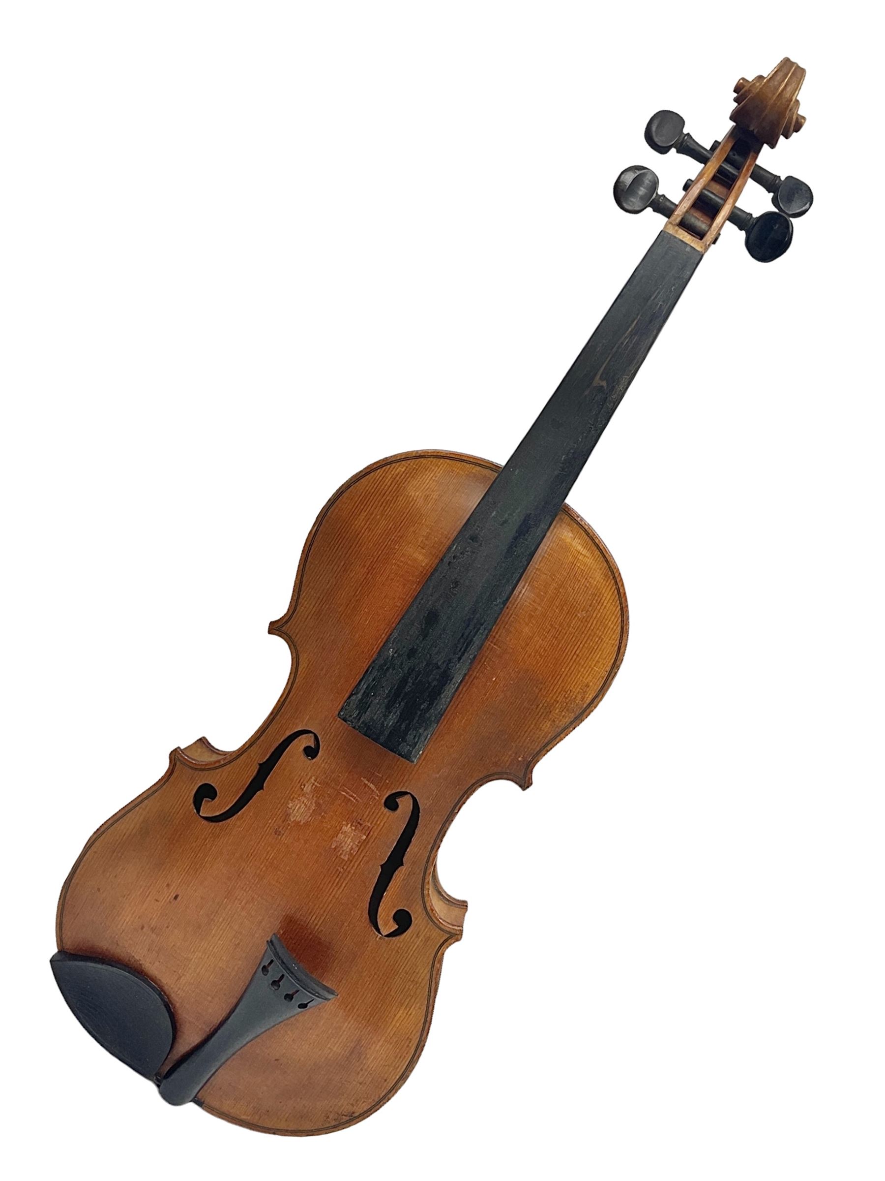 German violin c1900 stamped Stainer with 36cm two-piece maple back and ribs and spruce top L59.5cm overall; in simulated reptile skin carrying case