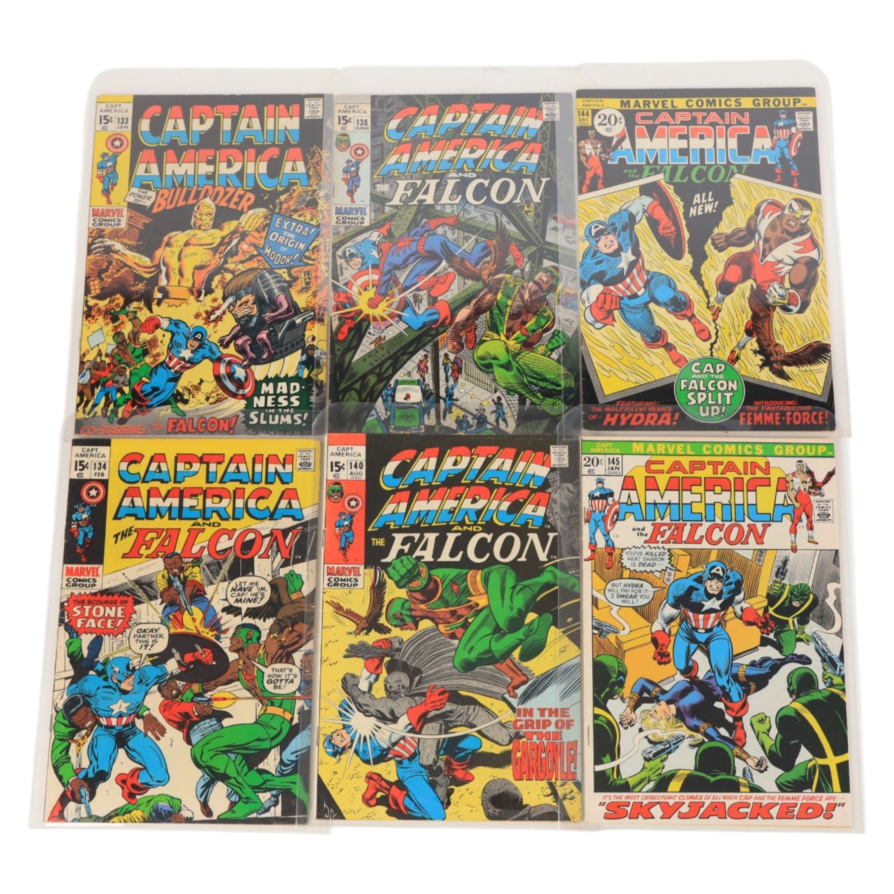 Twenty-eight Marvel Silver and Bronze Age 'Captain America' comic books, spanning years 1968-1974, comprising a continuous issues #100, #110, #111, ##116, two copies of #117, three copies of #123,  #125, two copies of #126, #130, two copies of #132, #133, #134, #138, #140, #144, #145, #146, #152, #153, #154, #175, #267 and Giant Size Captain America #1 