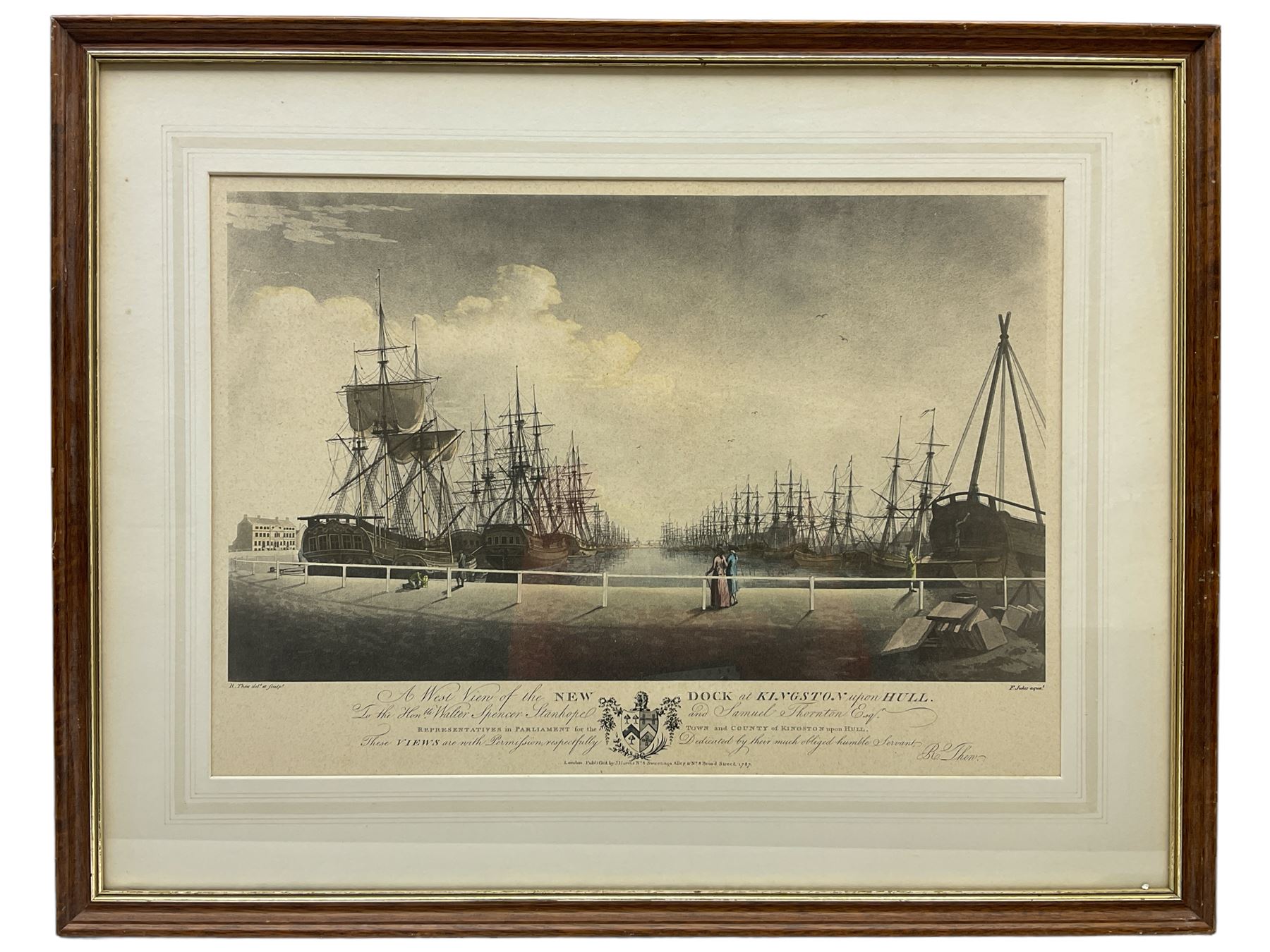 After Francis Jukes (British 1745-1812) and Robert Thew (British 1758-1802): 'New Dock at Kingston-upon-Hull', 20th century colour print after an 18th century aquatint