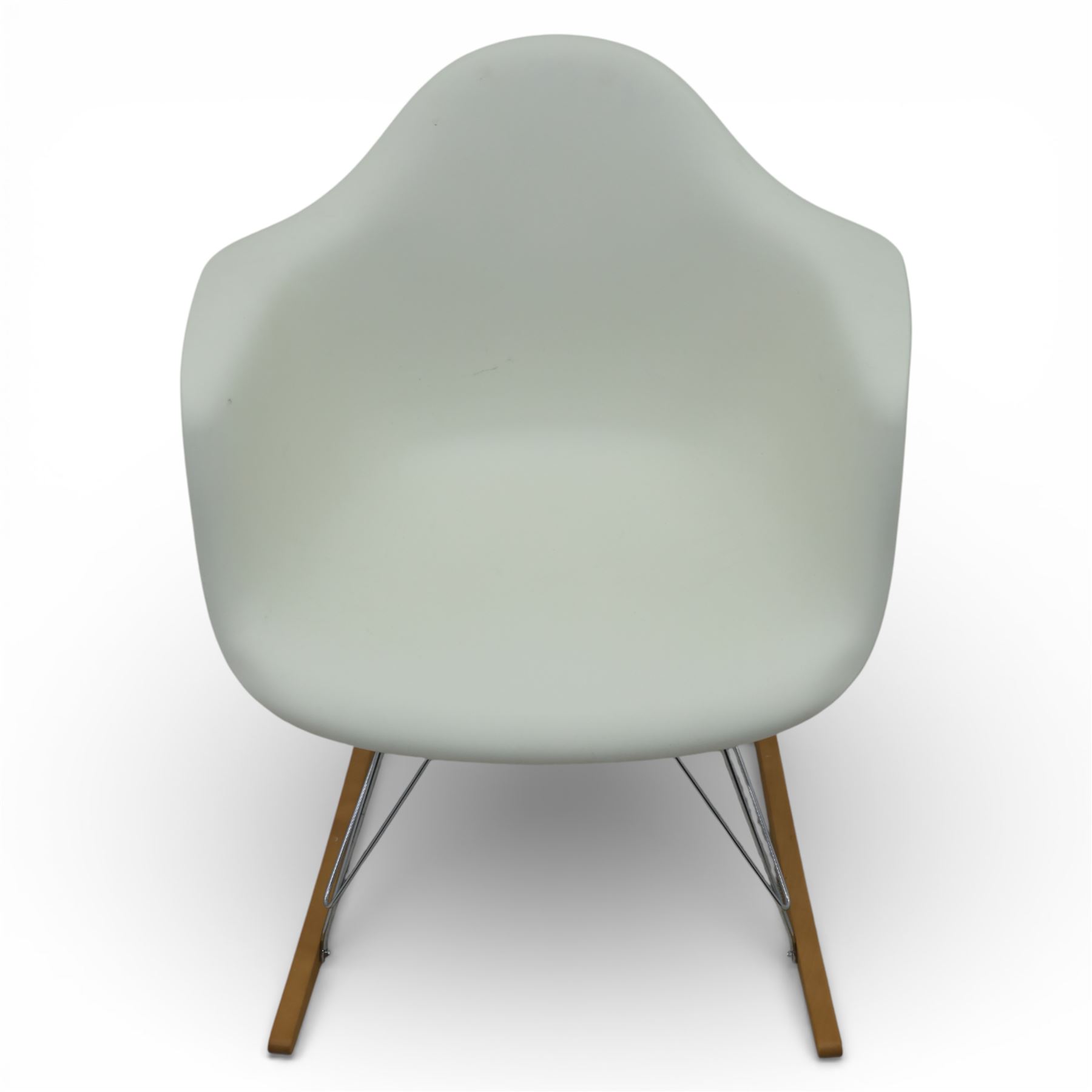 Vitra - RAR rocking chair, moulded plastic shell in cotton white with integrated arms, raised on chrome wire supports with stained wooden rocking runners