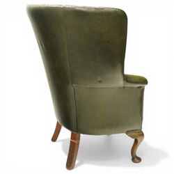 Georgian design green leather barrel-back wingback armchair, pleated upholstered back with shaped wings over scroll arms and sprung-seat, close nailed border, raised on cabriole supports terminating in pad feet