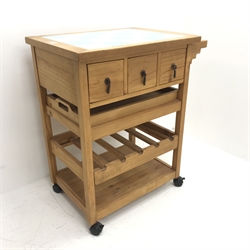 Tiled top kitchen trolley, three short drawers, single drawer, five bottle rack, W79cm, H82cm, D50cm