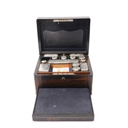 Victorian coromandel vanity box, revealing fully fitted interior with partial en suite vanity set, leather document pocket, the concealed draw accessed by pin mechanism, H18.5cm x W31.5cm x 23cm 