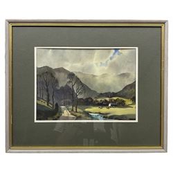 Ebenezer John Woods (Jack) Prior (British 1914-1988): Cattle Watering in Hilly Landscape, watercolour signed 20cm x 27cm