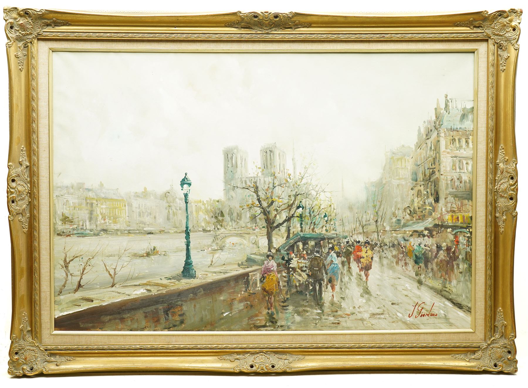 French School (Mid-20th century): Parisian Street Scene, oil on canvas signed J Giordans 60cm x 91cm
