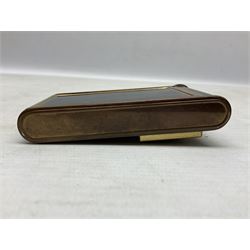 Art Deco camera shaped lady's musical compact and cigarette case, probably German, with green marble effect panels and gilt highlights, with large hinged opening to reveal engine turned brass interior with cigarette or lipstick holders, and the other side with musical mechanism and flip action powder compartment with mirror, L10cm