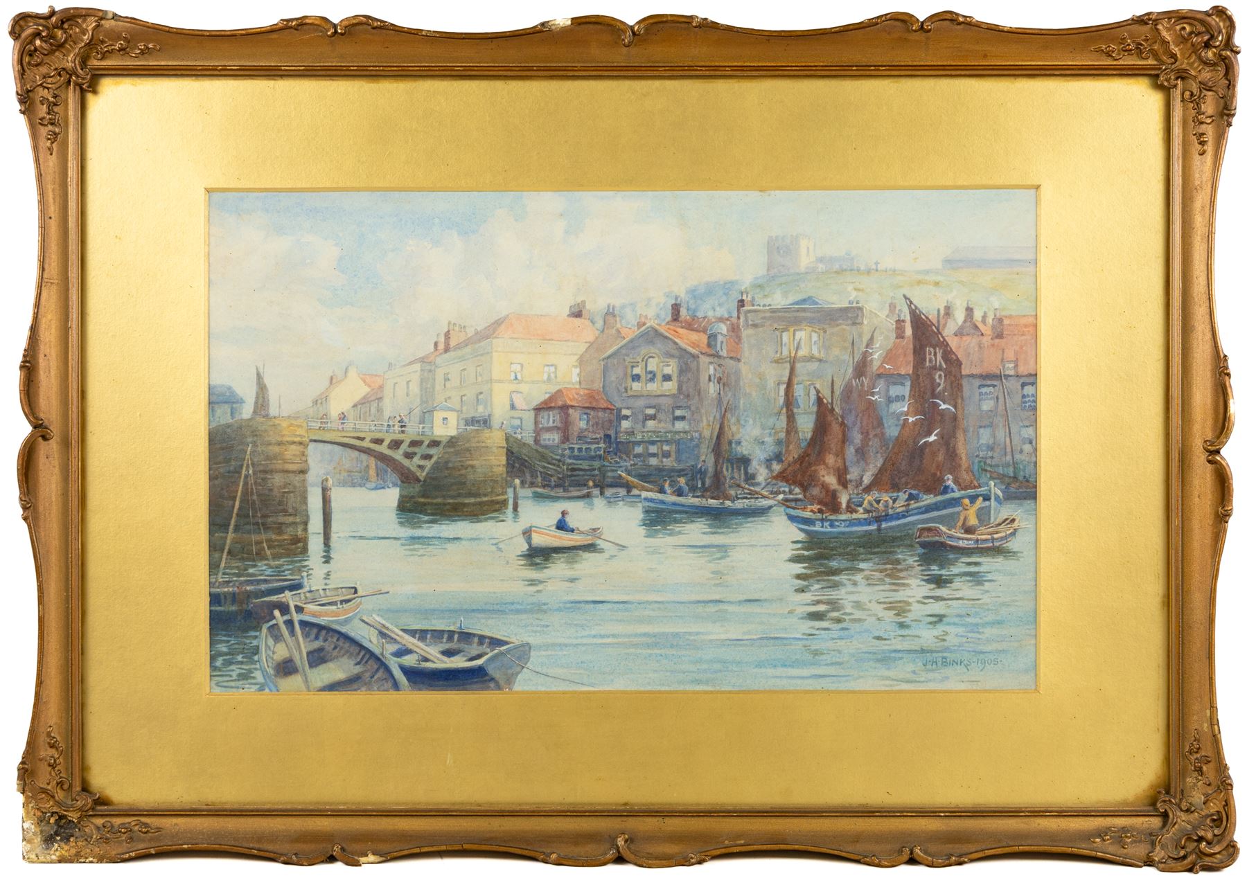 J H Binks (19th/20th Century): View of Whitby Harbour, watercolour signed and dated 1905, 30cm x 49cm