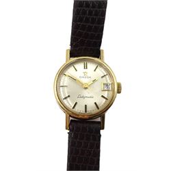 Omega Ladymatic 9ct gold manual wind wristwatch, London 1975, on leather strap, Victorian gold diamond brooch, stamped 9ct, Victorian Whitby jet bracelet, black glass brooch, silver brooches, bead necklace and a Rotary Savannah wristwatch 