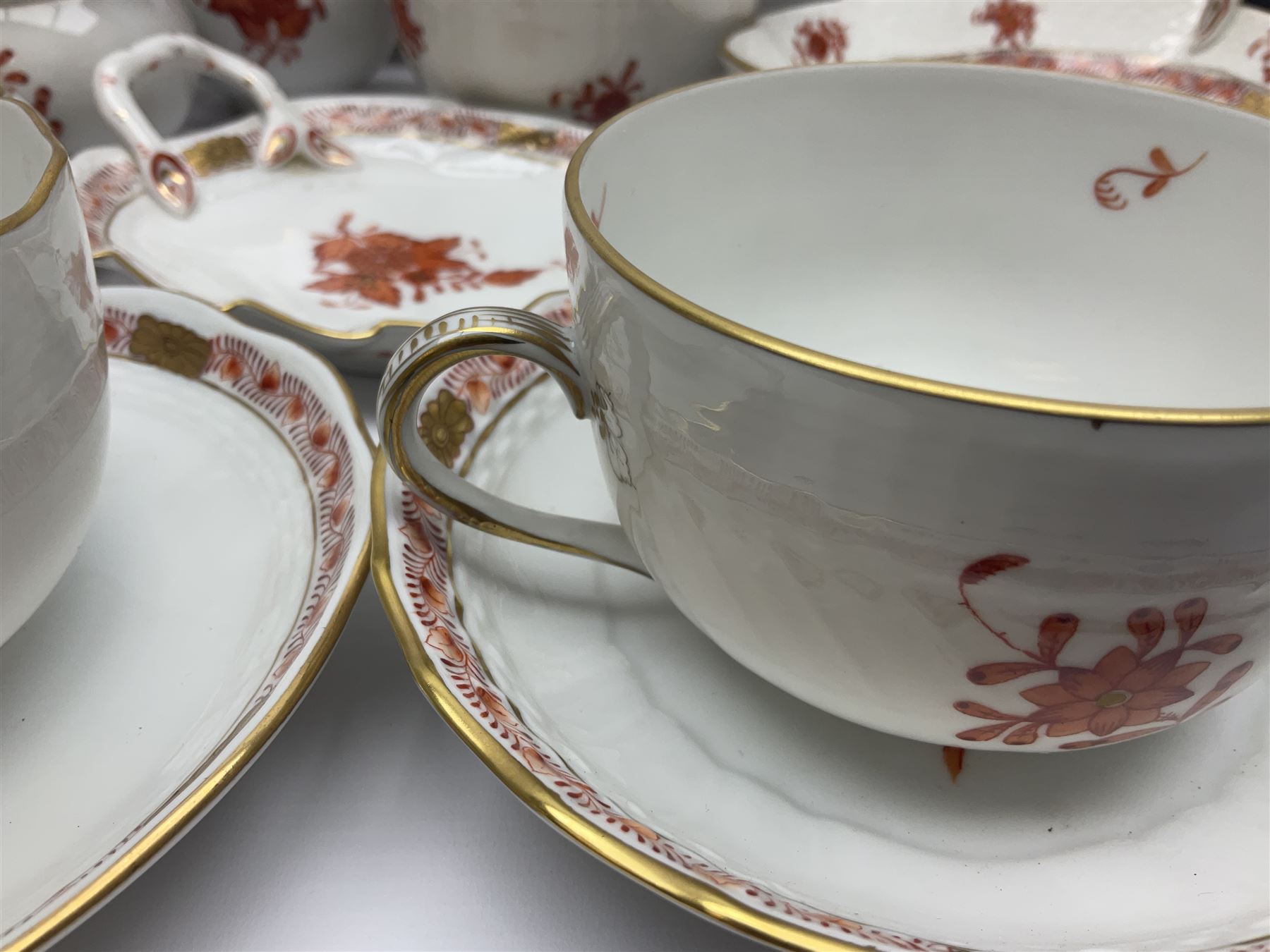 Herend Chinese Bouquet Rose pattern tea service comprising teapot, coffee pot, open sucrier, six cups and saucers, six tea plates, cream jug and stand, milk jug, two teabag holders, preserve pot, two leaf shaped dishes, four egg cups, salt & pepper pots, pair side plates and another plate