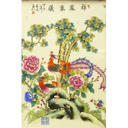  Early 20th century Chinese table screen, the porcelain panel decorated with pheasants perched amongst peony and profuse foliage in a garden landscape, mounted in a pierced hardwood frame, H67cm x W45cm   