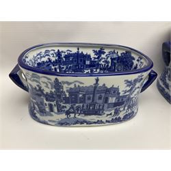 Three Victoria Ware blue and white footbaths, each with twin lug handles and transfer print decorated with city scape, largest H21cm