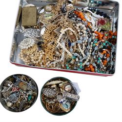 Collection of costume jewellery, including earrings, beaded necklaces brooches, etc, in various vintage tins