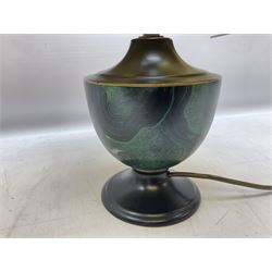 Italian ceramic table lamp decorated with geometric green and black pattern on white ground with gilt metal square plinth base, together with a green and black marbled effect lamp by Holkham pottery, both with shades, tallest H47 incl shade