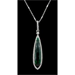 Silver green stone and cubic zirconia cluster pendant necklace, stamped 925