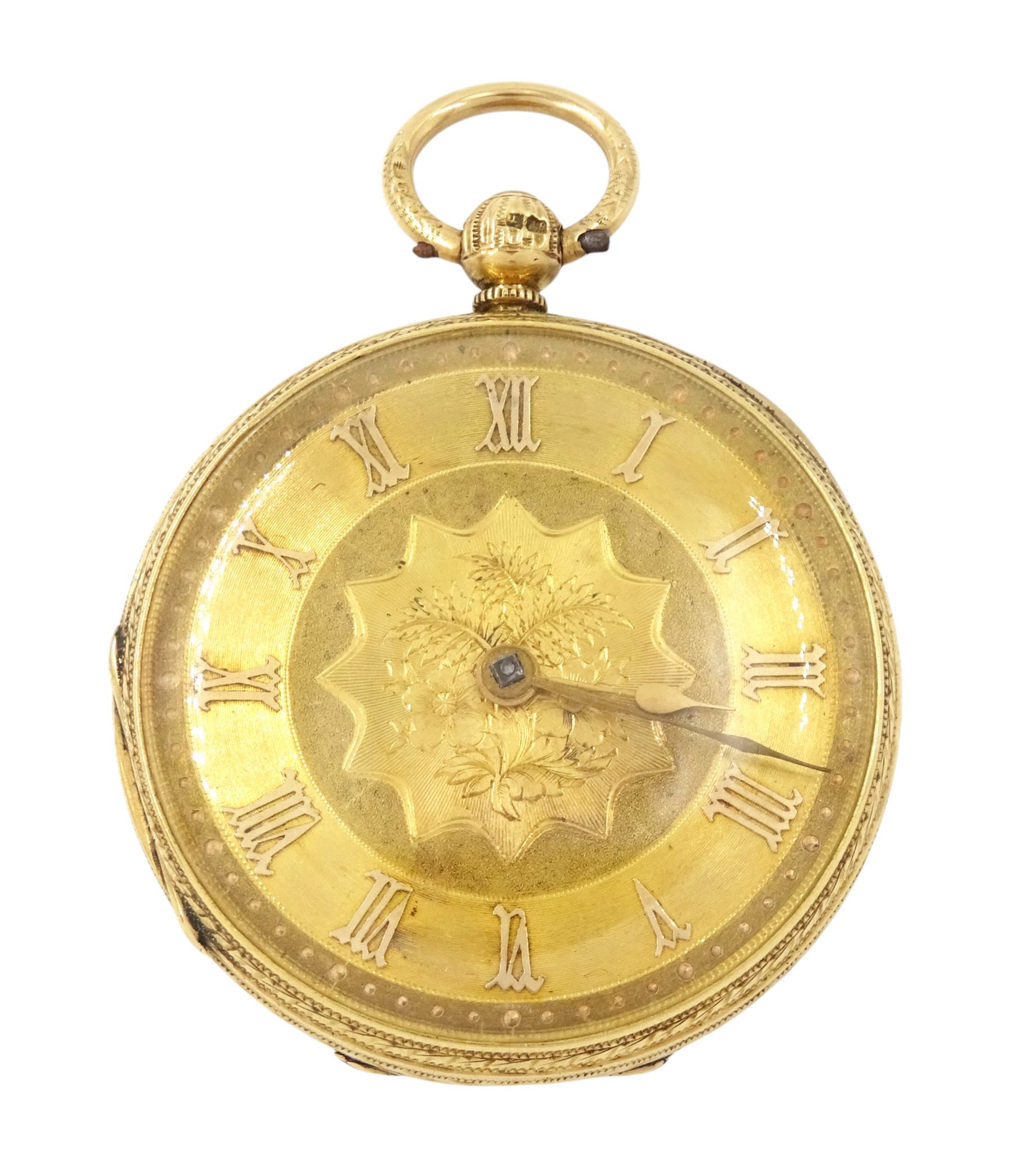 Victorian 18ct gold open face fusee lever pocket watch by T G Tate, Winterton, No. 9082, gilt dial with Roman numeral hour markers, case with engraved foliate decoration, London 1882