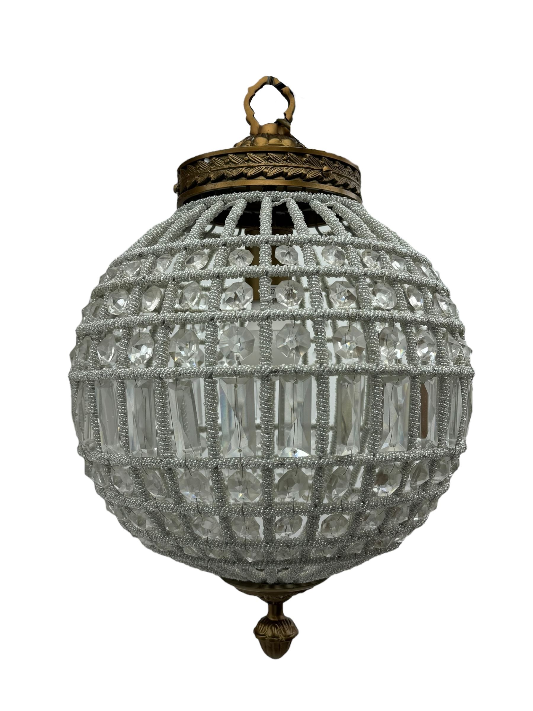 India Jane Interiors - pair of gilt metal and glass spherical ceiling light pendants, decorated with glass beads and pendants, foliage cast metal upper band, mounted by lower finial - ex-display/bankruptcy stock 