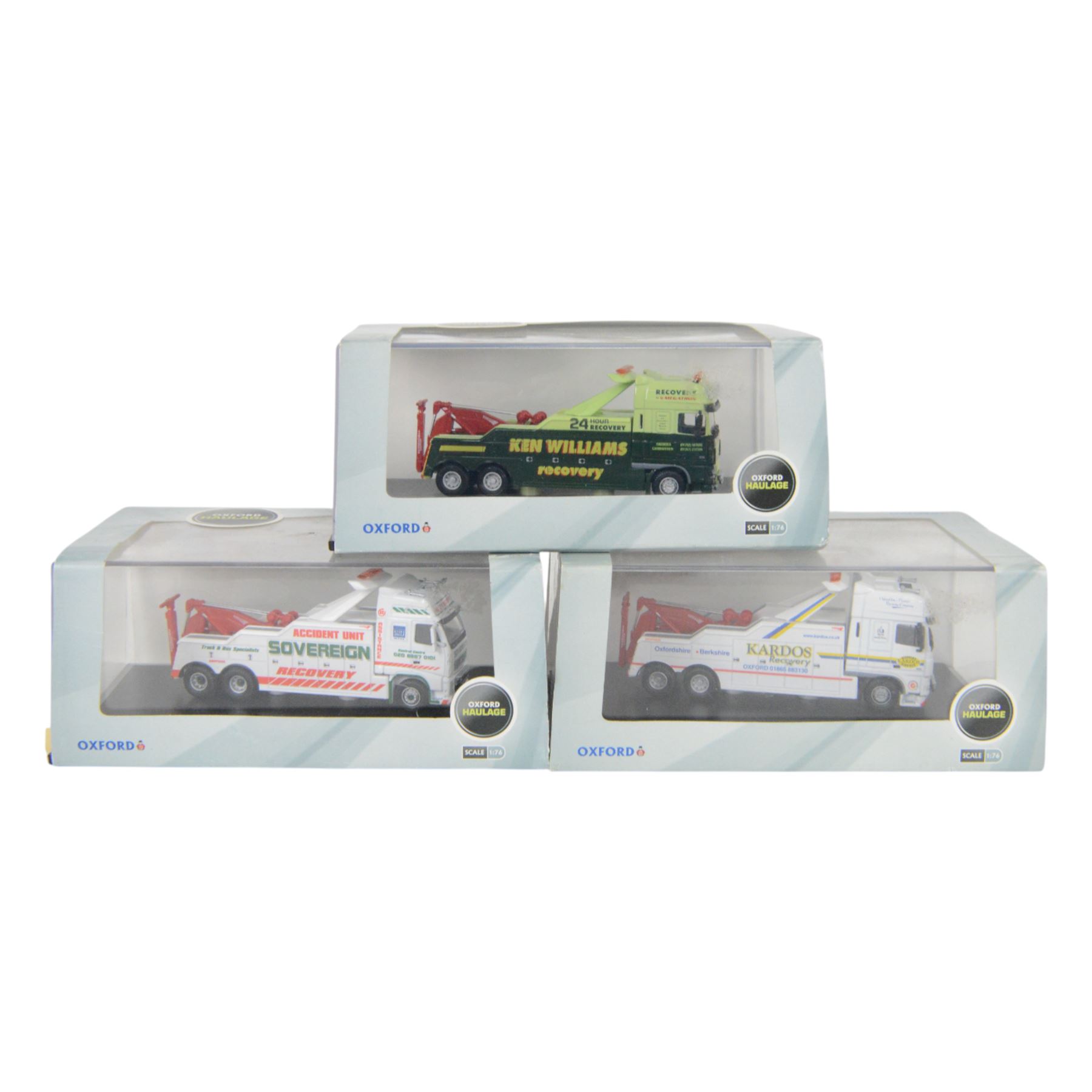 Two limited edition Oxford Haulage 1:76 scale diecast articulated lorries, comprising 'McCulla' model DAF01FR and 'Tuners of Soham' model MAN01FR, together with three Oxford 1:76 scale recovery trucks, comprising DAF02REC KArdos Recovery, VOL02REC Sovereign Recovery and SP017 Ken Williams Recovery, all boxed (5)
