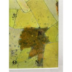 Russell Lumb (British 1946-): 'Ruston' near Scarborough, mixed media semi-abstract map titled signed with monogram and dated '15, artist's address label verso 34cm x 29cm