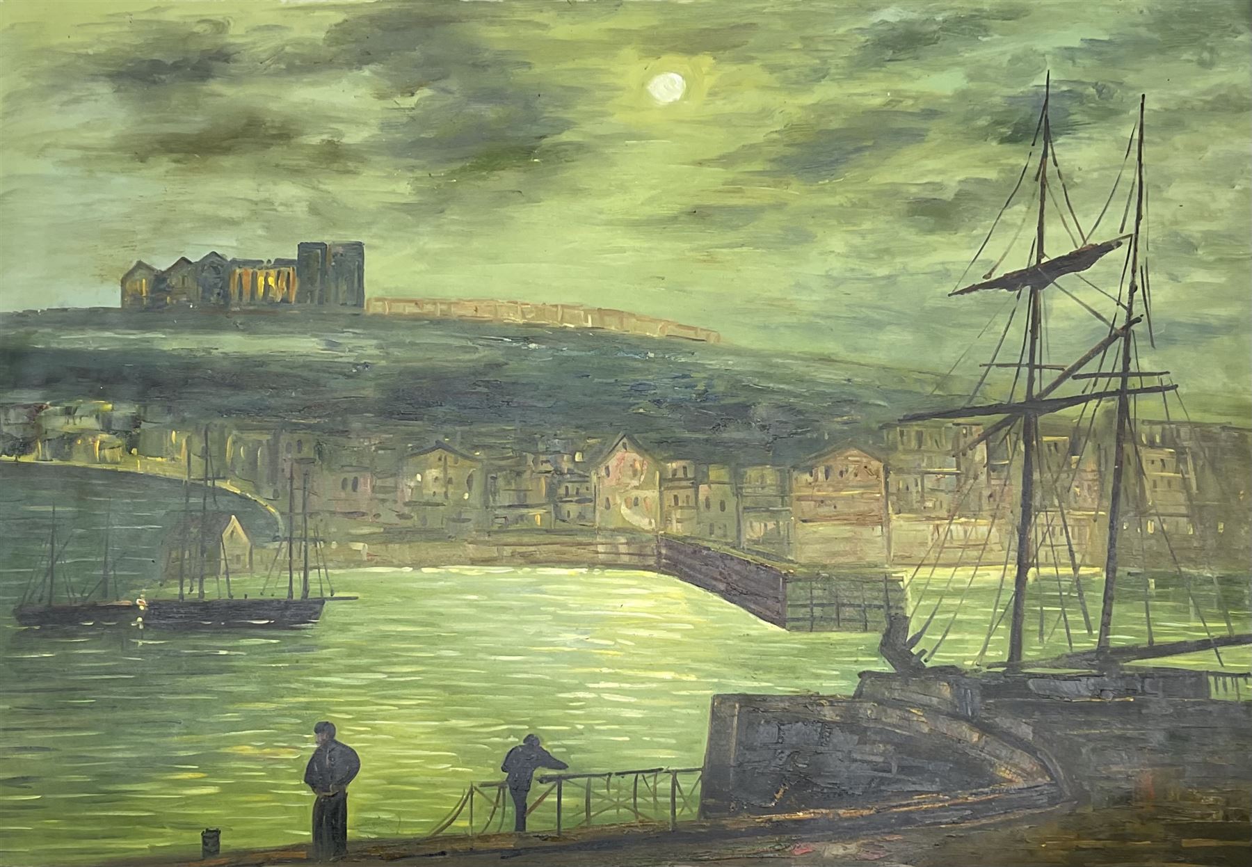After John Atkinson Grimshaw (British 1836-1893): Whitby Harbour by Moonlight, oil on canvas unsigned (unstretched)