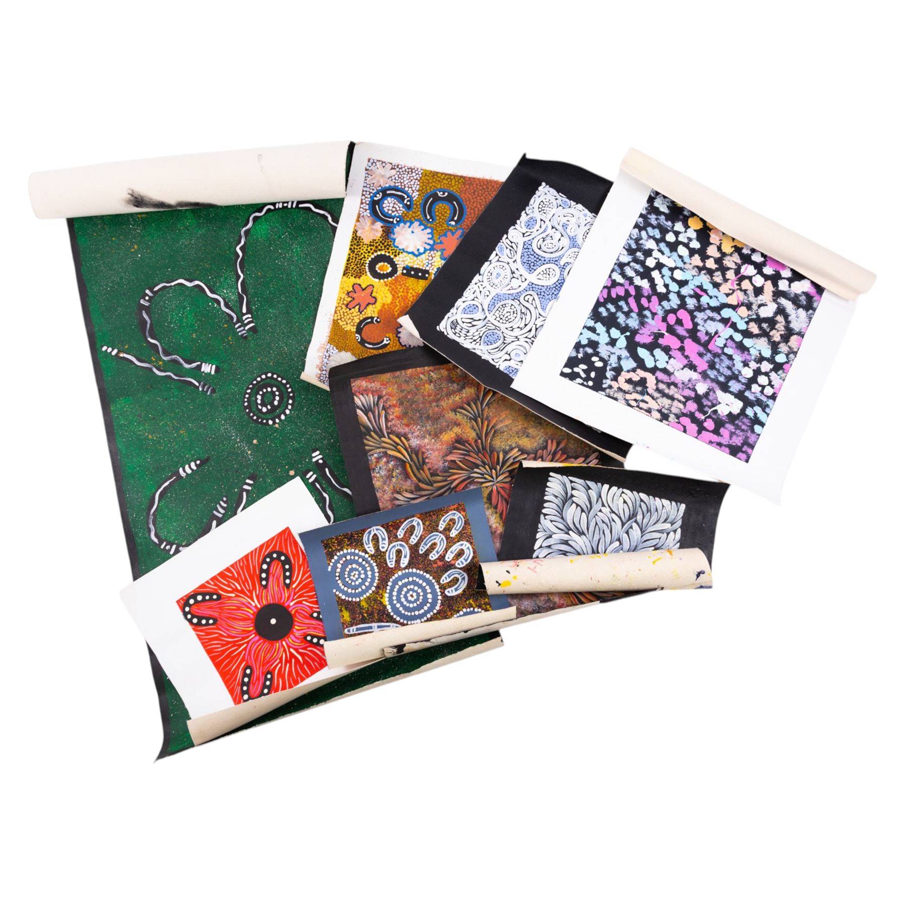 Collection of eight Aboriginal works by members of the Walkatjara art gallery, variously titled and inscribed verso, largest 106cm x 48cm (unframed) (8)