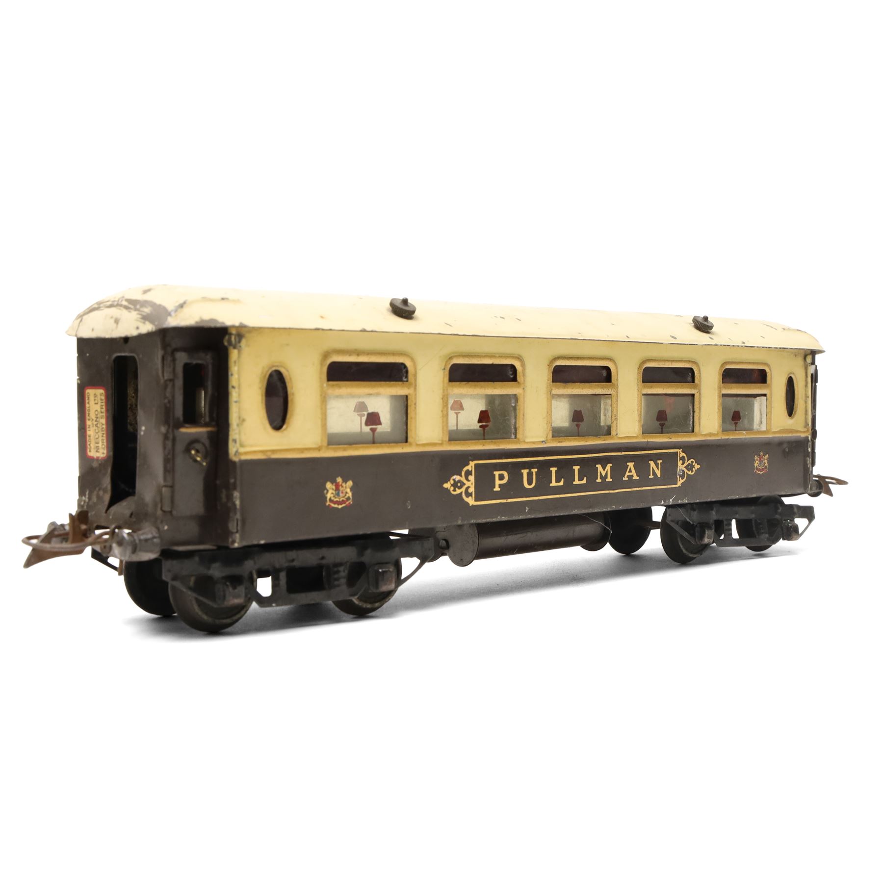 Hornby O gauge Parlour Car 'Grosvenor', a Hornby Pullman coach and a vintage Crumpsall biscuit tin in the form of a trunk