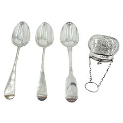 Three Victorian silver table spoons, comprising pair of Old English pattern, hallmarked Mary Chawner & George W Adams, London 1840, and Fiddle pattern example, hallmarked William Eaton, London 1839, together with an early 20th century silver purse, of shaped form with engraved scrolling foliate decoration, hallmarked F D Long, Birmingham 1919, approximate total weight 9.19 ozt (286 grams)