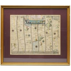John Ogilby (British 1600-1676): ''The Road from London to Flamborough Head', 17th century engraved strip map with hand-colouring 36cm x 45cm; and 'The Roads from York to Scarborough' 18th century double-sided engraved strip map with hand-colouring to one side 16cm x 21cm (2)