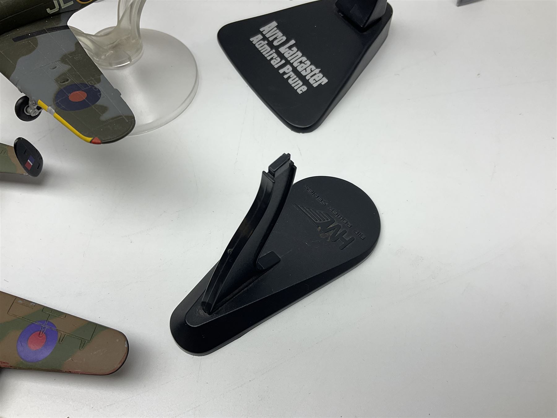 Thirteen unboxed Corgi Aviation Archive or similar die-cast models of aircraft, most with stands; Airfix 1:72 scale construction kit for BAe Harrier GR3; and two boxed Shell Collection die-cast models of cars