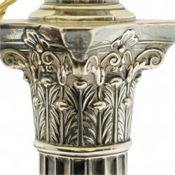  Edwardian Silver Corinthian column table lamp, the stepped square base with gadrooned border and with pleated shade H40cm excluding fitting Sheffield 1908 Maker Hawksworth, Eyre & Co. Ltd.