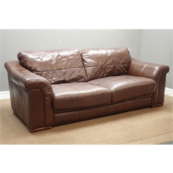  Three seat sofa upholstered in brown leather (W210cm, D90cm), and matching two seat sofa (W179cm)  