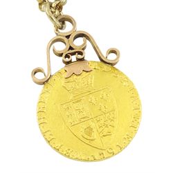 King George III 1791 gold spade guinea coin, soldered 9ct rose gold mount, on 9ct gold belcher link chain necklace