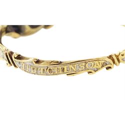 George II 18ct gold amethyst and enamel mourning ring, single cushion cut amethyst, with foiled and glazed back, to pierced fleur-de-lis shoulders, the white enamelled shank engraved Grace Hutchinson OB: 13 Dec: 1756