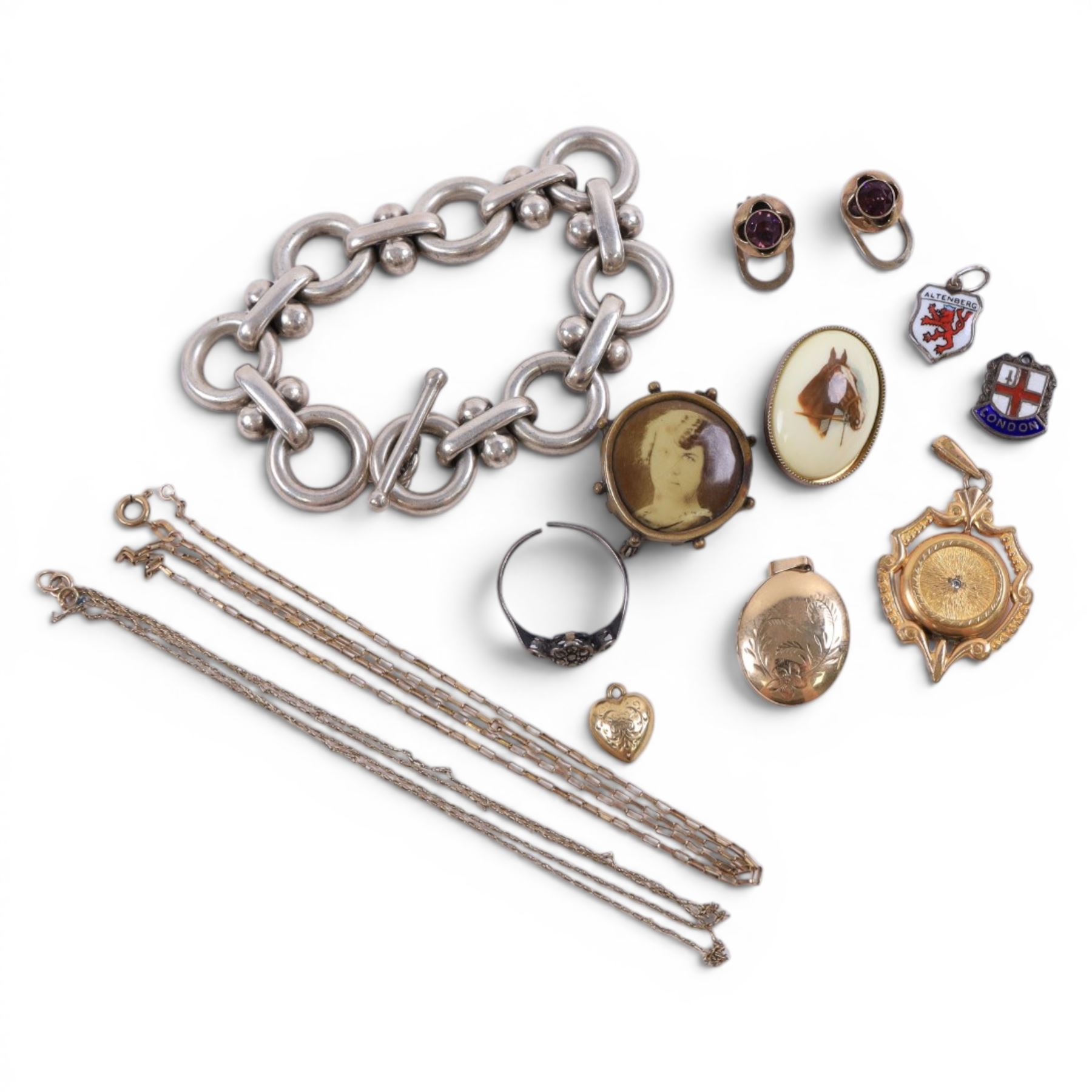 9ct gold jewellery, comprising heart charm, locket and two chains, silver chunky bracelet and costume jewellery