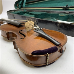 John Murdoch & Co. 'The Maidstone' three-quarter size violin with 33.5cm two-piece maple back and ribs and spruce top, bears label, 55cm overall, in original ebonised wooden 'coffin' case with two bows 