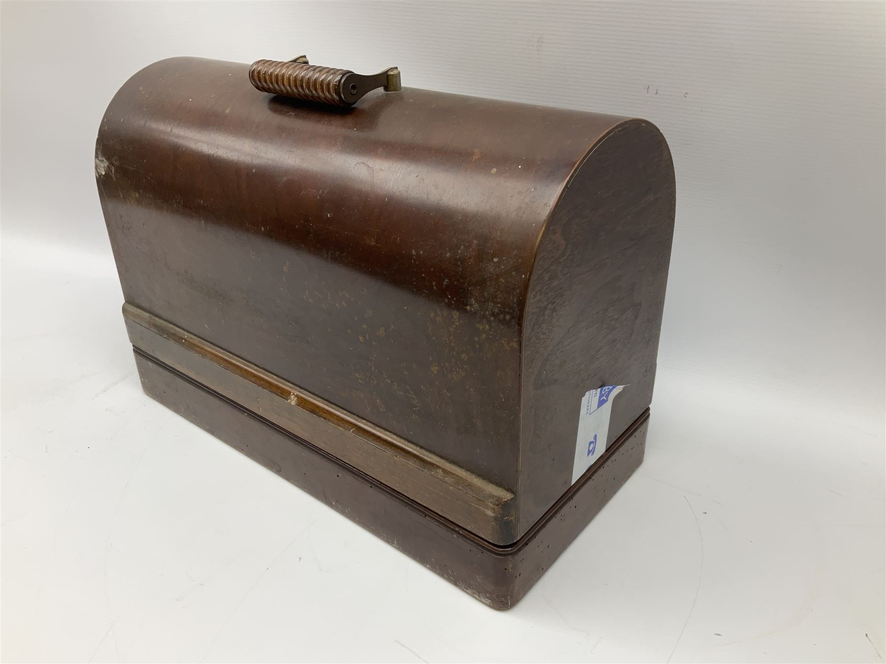 Cased early 20th century Singer hand sewing machine, lacking key